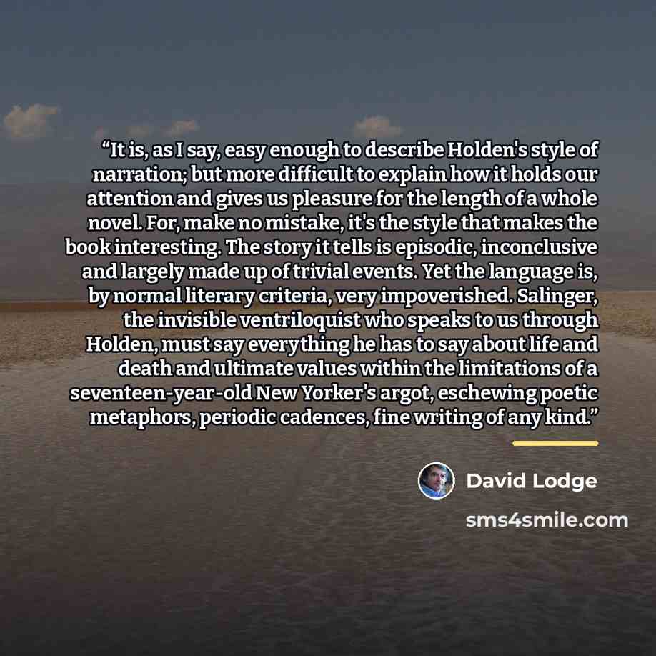 “It is, as I say, easy enough to describe Holden's style of narration; but more difficult to explain how it holds our attention and gives us pleasure for the length of a whole novel. For, make no mistake, it's the style that makes the book interesting. The story it tells is episodic, inconclusive…” quote by David Lodge