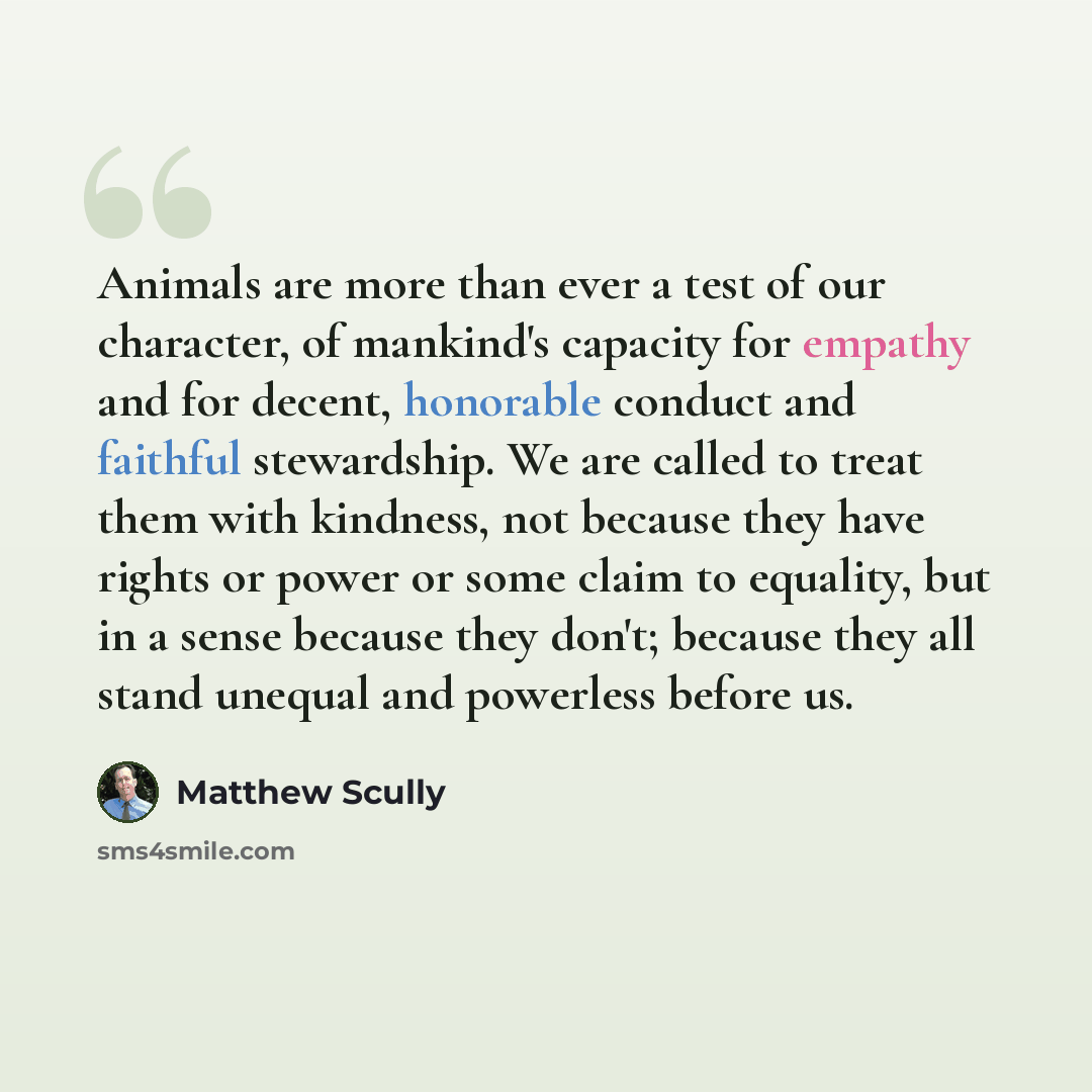 “Animals are more than ever a test of our character, of mankind's capacity for empathy and for decent, honorable conduct and faithful stewardship. We are called to treat them with kindness, not because they have rights or power or some claim to equality, but in a sense because they don't; because…” quote by Matthew Scully