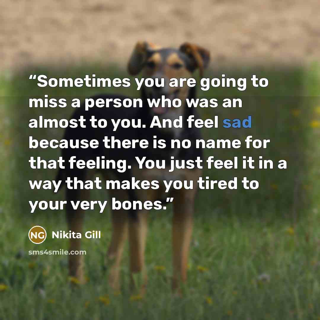 “Sometimes you are going to miss a person who was an almost to you. And feel sad because there is no name for that feeling. You just feel it in a way that makes you tired to your very bones.” quote by Nikita Gill