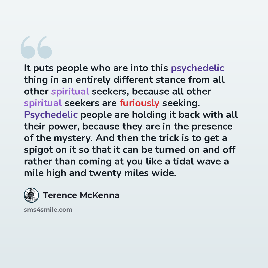 “It puts people who are into this psychedelic thing in an entirely different stance from all other spiritual seekers, because all other spiritual seekers are furiously seeking. Psychedelic people are holding it back with all their power, because they are in the presence of the mystery. And then the…” quote by Terence McKenna