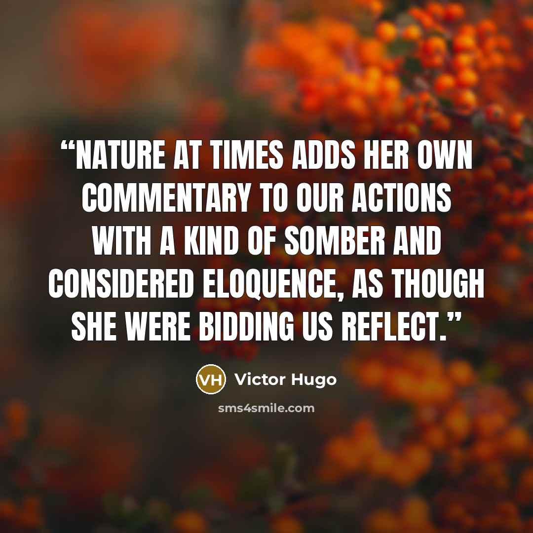 “Nature at times adds her own commentary to our actions with a kind of somber and considered eloquence, as though she were bidding us reflect.” quote by Victor Hugo
