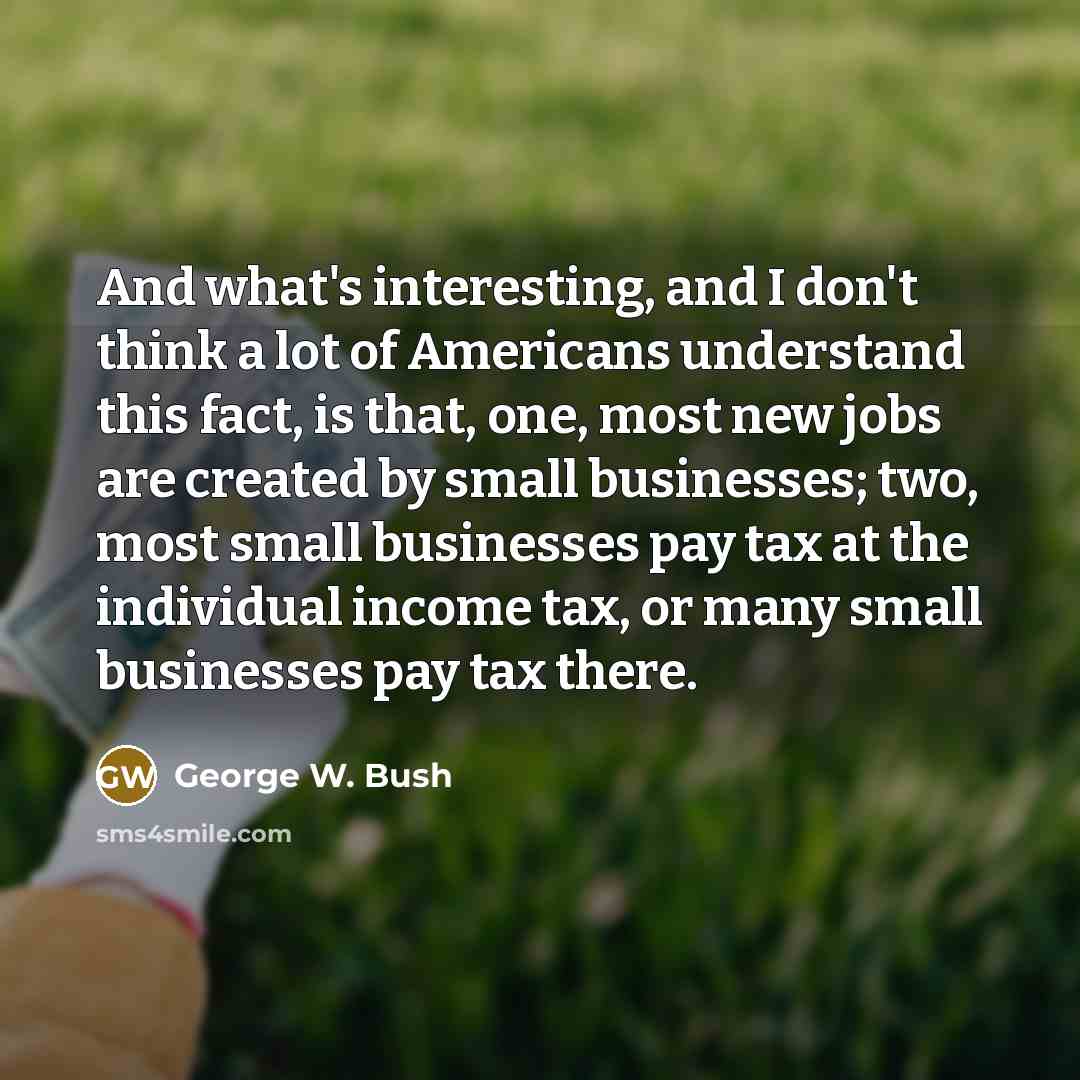 “And what's interesting, and I don't think a lot of Americans understand this fact, is that, one, most new jobs are created by small businesses; two, most small businesses pay tax at the individual income tax, or many small businesses pay tax there.” quote by George W. Bush