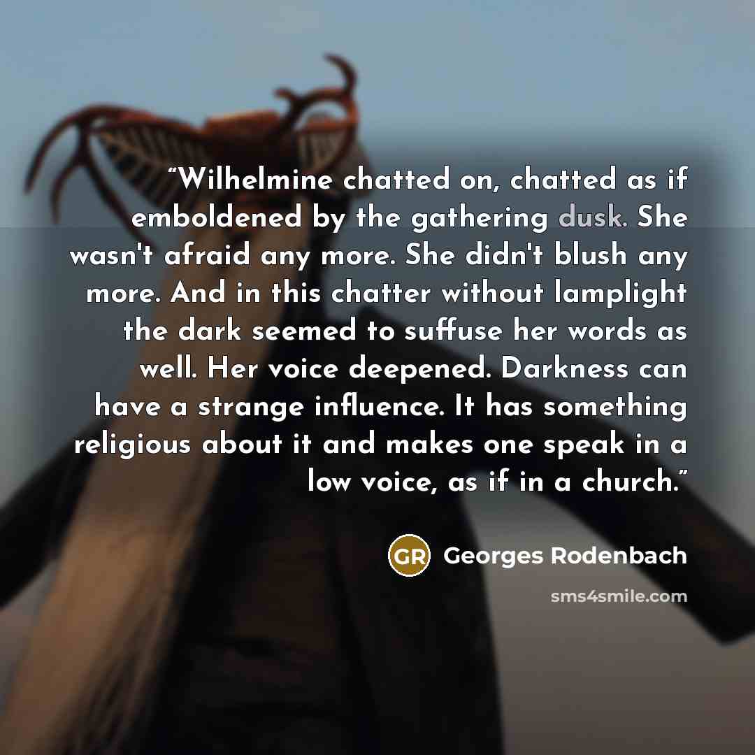 “Wilhelmine chatted on, chatted as if emboldened by the gathering dusk. She wasn't afraid any more. She didn't blush any more. And in this chatter without lamplight the dark seemed to suffuse her words as well. Her voice deepened. Darkness can have a strange influence. It has something religious…” quote by Georges Rodenbach