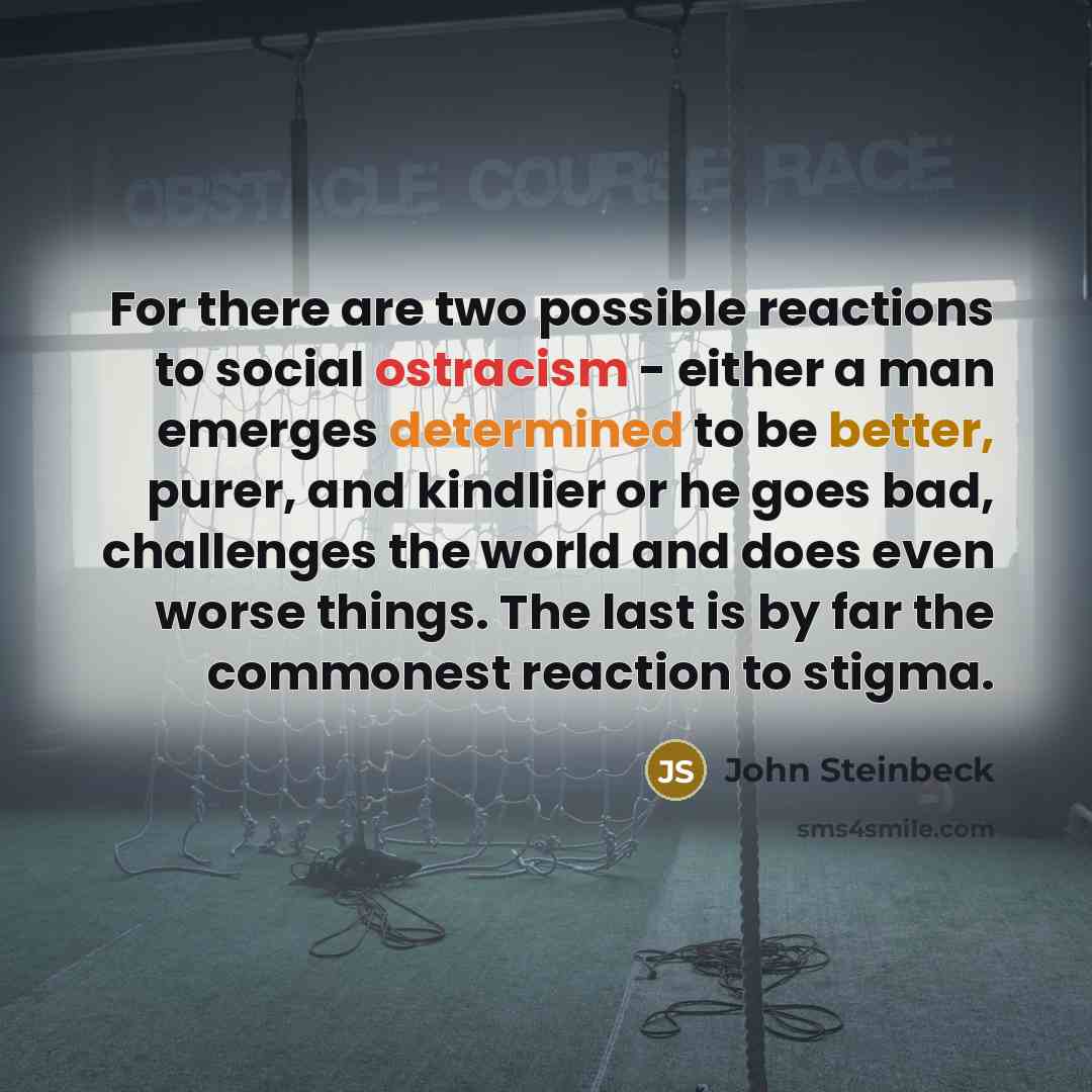 “For there are two possible reactions to social ostracism - either a man emerges determined to be better, purer, and kindlier or he goes bad, challenges the world and does even worse things. The last is by far the commonest reaction to stigma.” quote by John Steinbeck