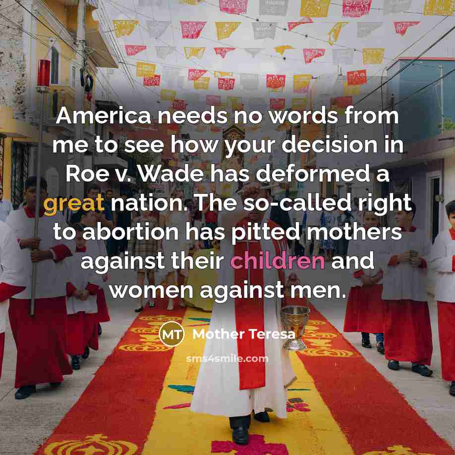 “America needs no words from me to see how your decision in Roe v. Wade has deformed a great nation. The so-called right to abortion has pitted mothers against their children and women against men.” quote by Mother Teresa