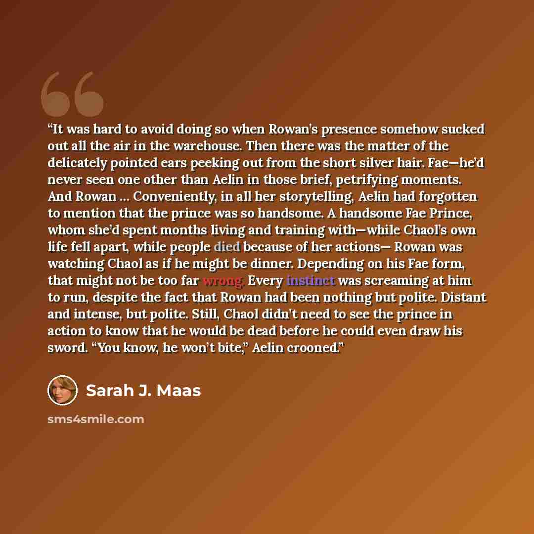 “It was hard to avoid doing so when Rowan’s presence somehow sucked out all the air in the warehouse. Then there was the matter of the delicately pointed ears peeking out from the short silver hair. Fae—he’d never seen one other than Aelin in those brief, petrifying moments. And Rowan ……” quote by Sarah J. Maas