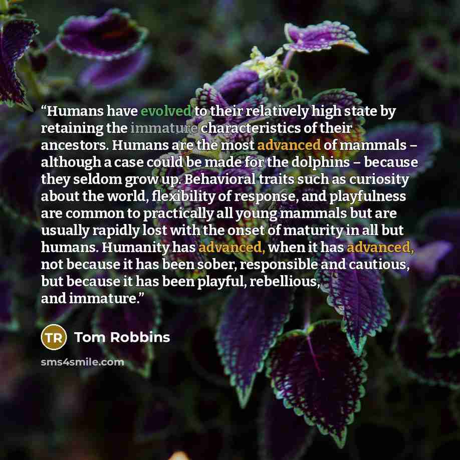 “Humans have evolved to their relatively high state by retaining the immature characteristics of their ancestors. Humans are the most advanced of mammals – although a case could be made for the dolphins – because they seldom grow up. Behavioral traits such as curiosity about the world, flexibility…” quote by Tom Robbins