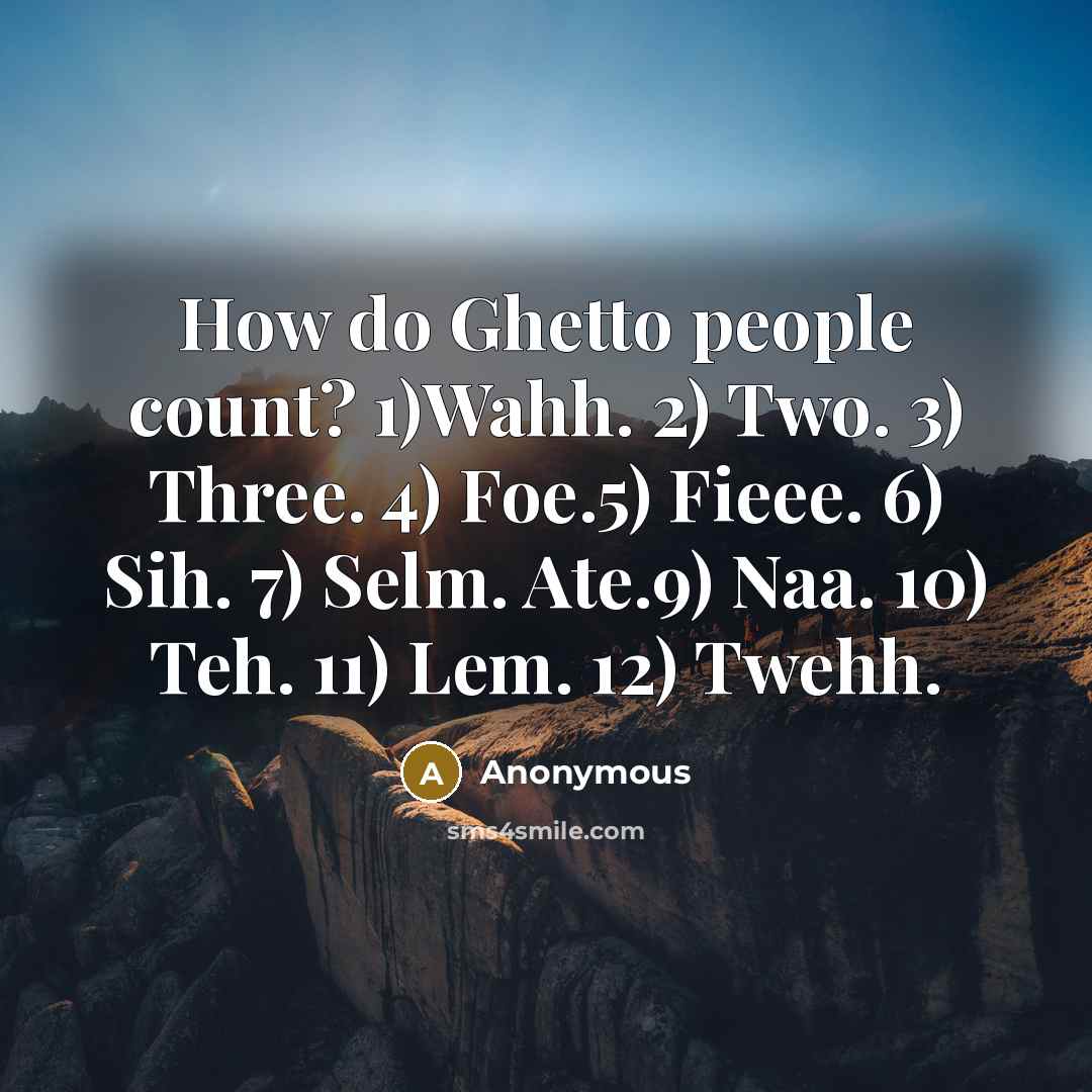 “How do Ghetto people count? 1)Wahh. 2) Two. 3) Three. 4) Foe.5) Fieee. 6) Sih. 7) Selm. Ate.9) Naa. 10) Teh. 11) Lem. 12) Twehh.” quote by Anonymous
