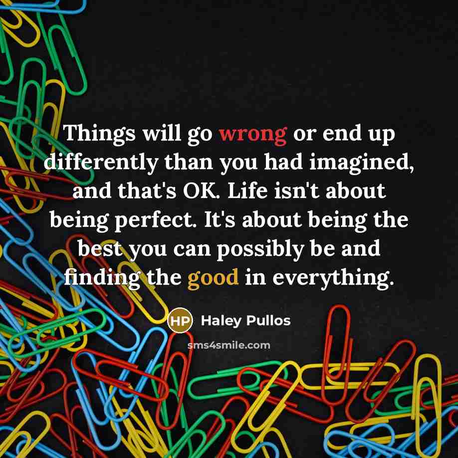 “Things will go wrong or end up differently than you had imagined, and that's OK. Life isn't about being perfect. It's about being the best you can possibly be and finding the good in everything.” quote by Haley Pullos