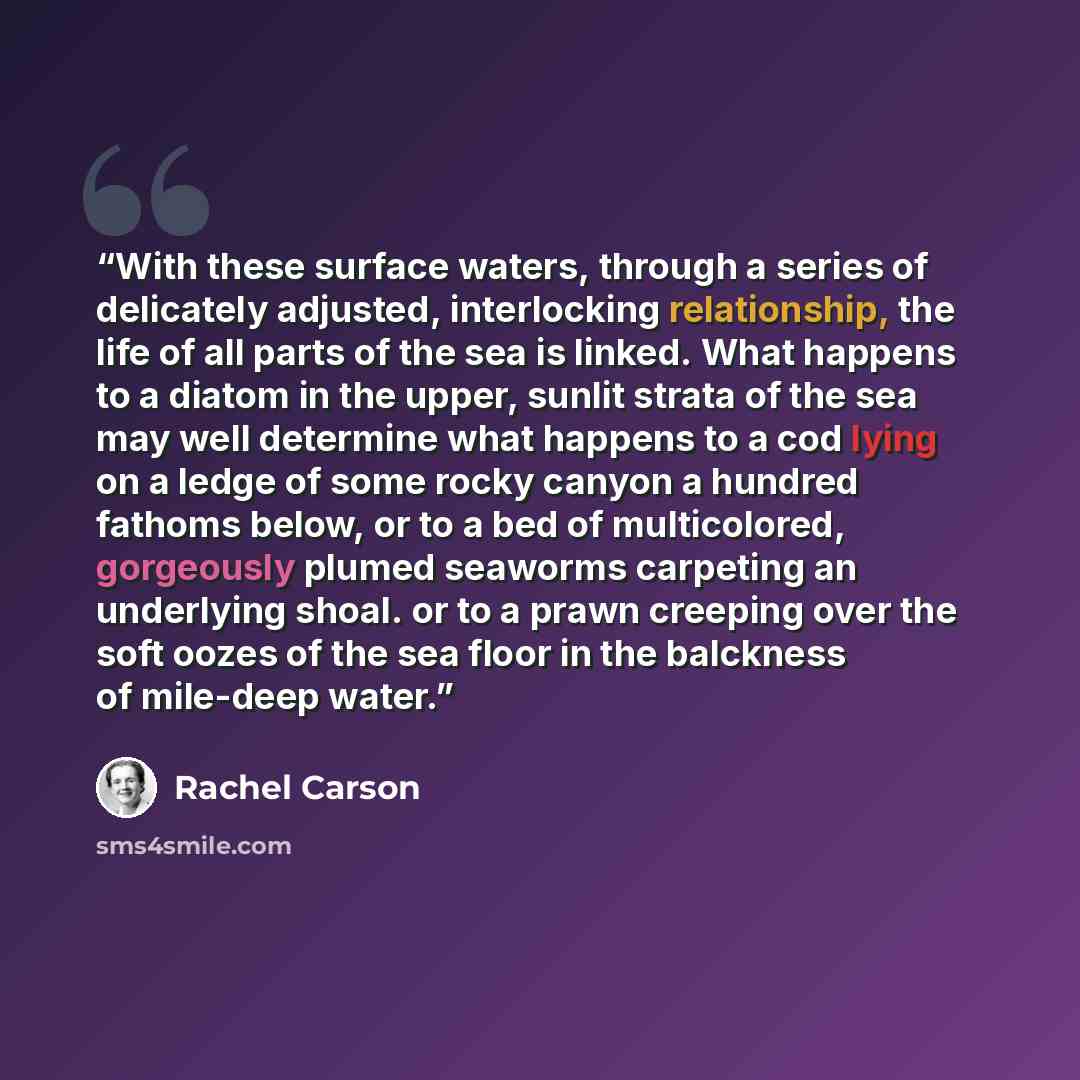 “With these surface waters, through a series of delicately adjusted, interlocking relationship, the life of all parts of the sea is linked. What happens to a diatom in the upper, sunlit strata of the sea may well determine what happens to a cod lying on a ledge of some rocky canyon a hundred…” quote by Rachel Carson