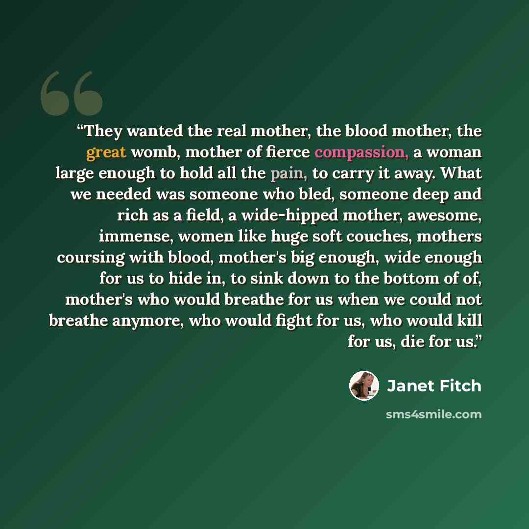 “They wanted the real mother, the blood mother, the great womb, mother of fierce compassion, a woman large enough to hold all the pain, to carry it away. What we needed was someone who bled, someone deep and rich as a field, a wide-hipped mother, awesome, immense, women like huge soft couches…” quote by Janet Fitch