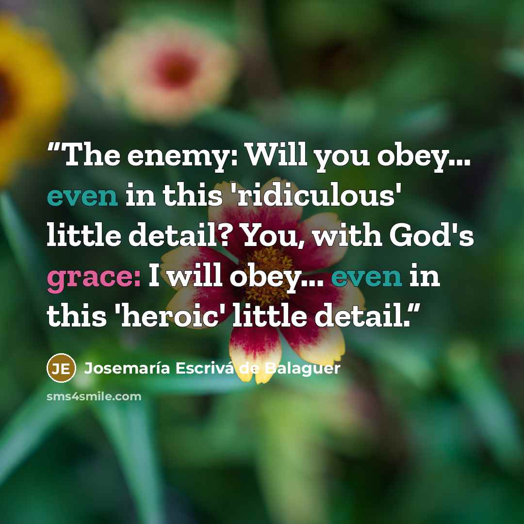 “The enemy: Will you obey... even in this 'ridiculous' little detail? You, with God's grace: I will obey... even in this 'heroic' little detail.” quote by Josemaría Escrivá de Balaguer