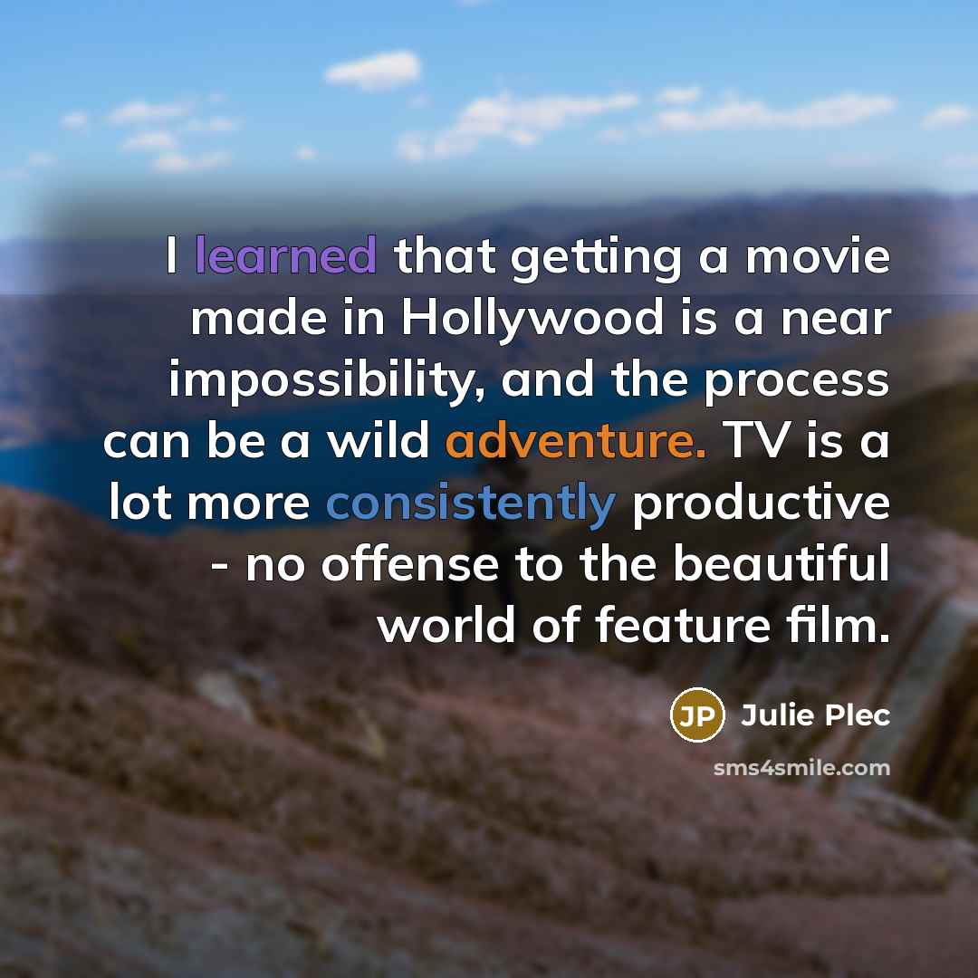 “I learned that getting a movie made in Hollywood is a near impossibility, and the process can be a wild adventure. TV is a lot more consistently productive - no offense to the beautiful world of feature film.” quote by Julie Plec