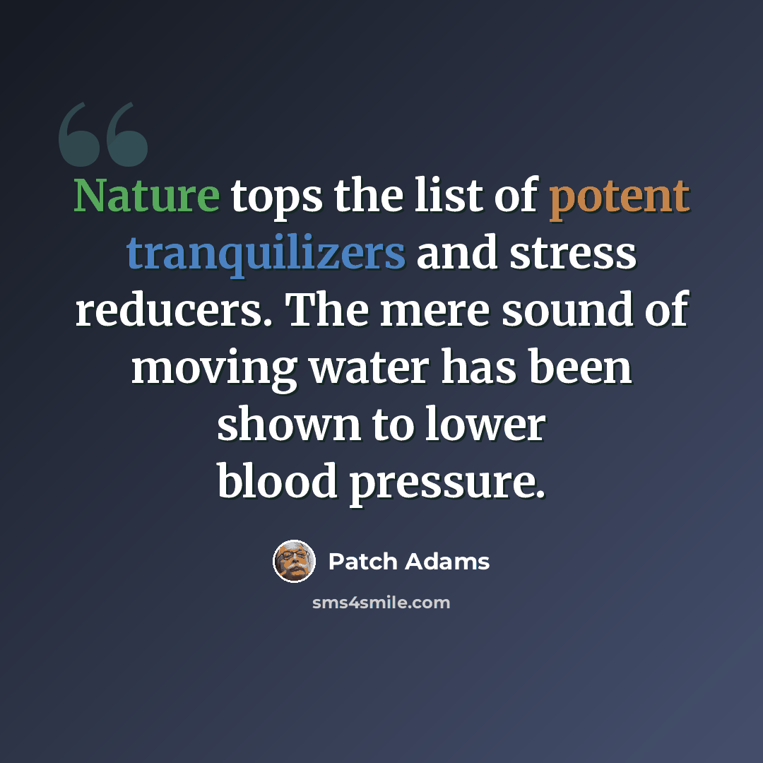 “Nature tops the list of potent tranquilizers and stress reducers. The mere sound of moving water has been shown to lower blood pressure.” quote by Patch Adams