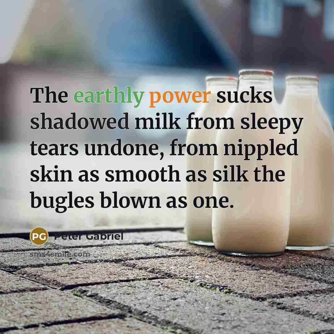 “The earthly power sucks shadowed milk from sleepy tears undone, from nippled skin as smooth as silk the bugles blown as one.” quote by Peter Gabriel