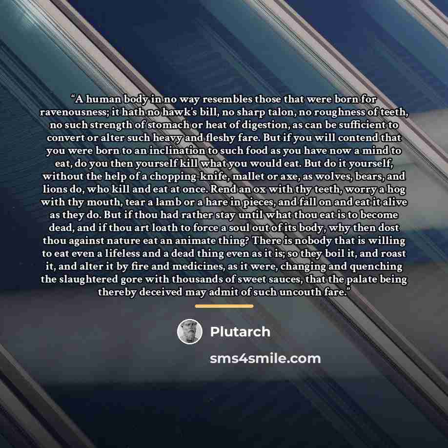 “A human body in no way resembles those that were born for ravenousness; it hath no hawk’s bill, no sharp talon, no roughness of teeth, no such strength of stomach or heat of digestion, as can be sufficient to convert or alter such heavy and fleshy fare. But if you will contend that you were born…” quote by Plutarch