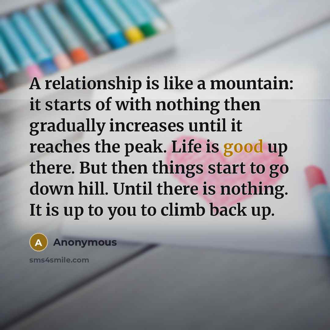 “A relationship is like a mountain: it starts of with nothing then gradually increases until it reaches the peak. Life is good up there. But then things start to go down hill. Until there is nothing. It is up to you to climb back up.” quote by Anonymous