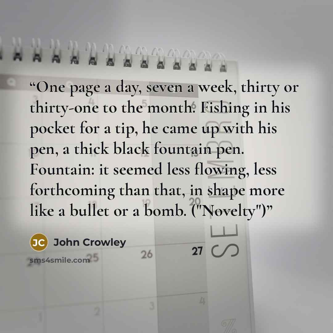 “One page a day, seven a week, thirty or thirty-one to the month. Fishing in his pocket for a tip, he came up with his pen, a thick black fountain pen. Fountain: it seemed less flowing, less forthcoming than that, in shape more like a bullet or a bomb. ("Novelty")” quote by John Crowley