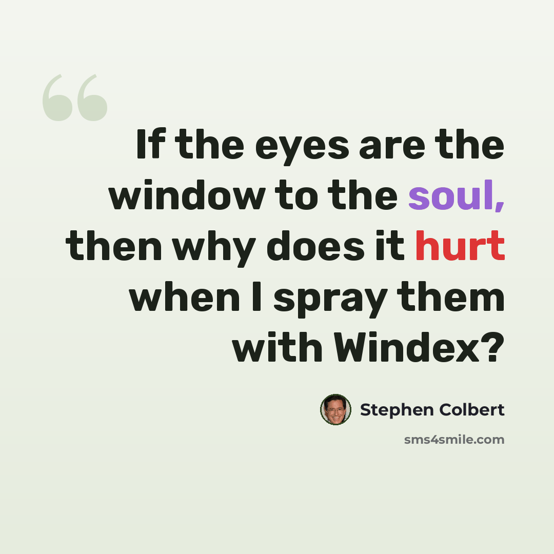 “If the eyes are the window to the soul, then why does it hurt when I spray them with Windex?” quote by Stephen Colbert