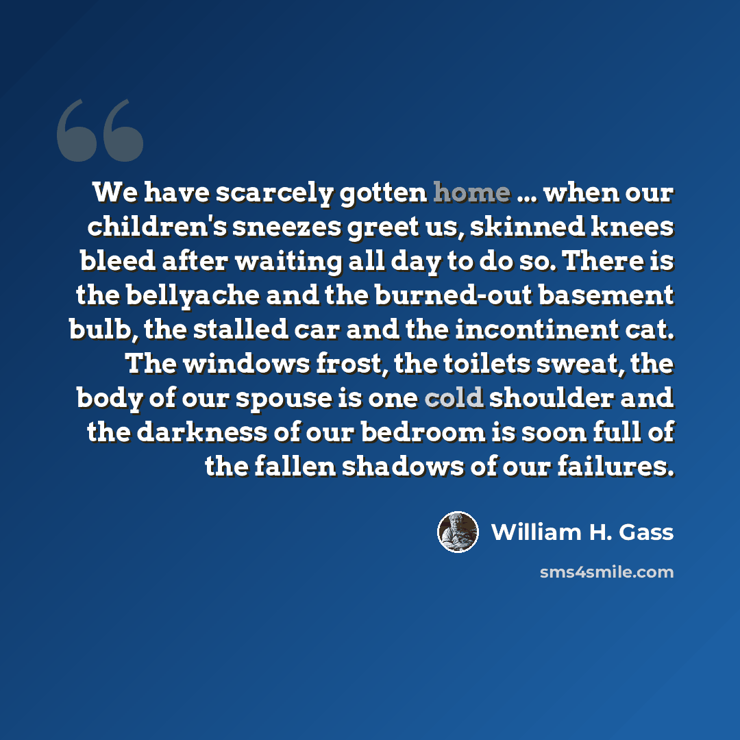 “We have scarcely gotten home ... when our children's sneezes greet us, skinned knees bleed after waiting all day to do so. There is the bellyache and the burned-out basement bulb, the stalled car and the incontinent cat. The windows frost, the toilets sweat, the body of our spouse is one cold…” quote by William H. Gass