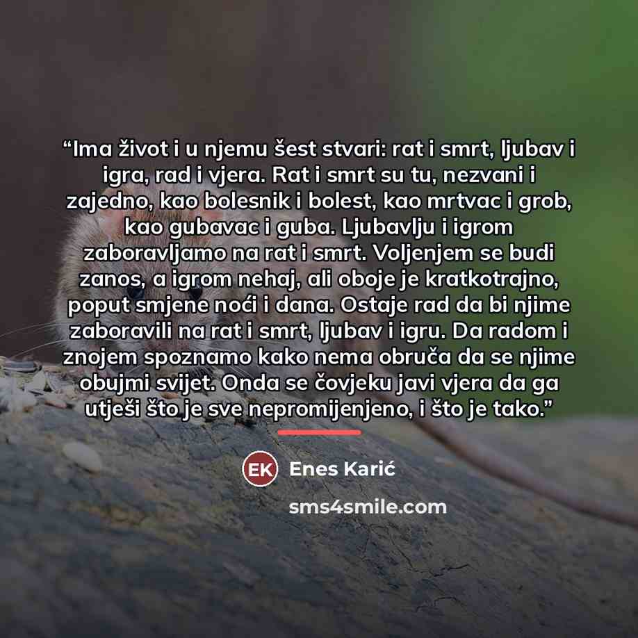 “Ima život i u njemu šest stvari: rat i smrt, ljubav i igra, rad i vjera. Rat i smrt su tu, nezvani i zajedno, kao bolesnik i bolest, kao mrtvac i grob, kao gubavac i guba. Ljubavlju i igrom zaboravljamo na rat i smrt. Voljenjem se budi zanos, a igrom nehaj, ali oboje je kratkotrajno, poput smjene…” quote by Enes Karić