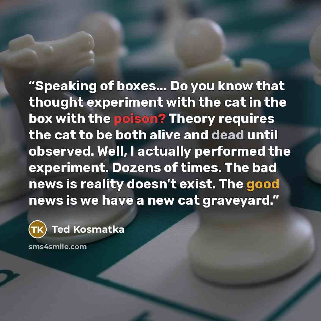 “Speaking of boxes... Do you know that thought experiment with the cat in the box with the poison? Theory requires the cat to be both alive and dead until observed. Well, I actually performed the experiment. Dozens of times. The bad news is reality doesn't exist. The good news is we have a new cat…” quote by Ted Kosmatka