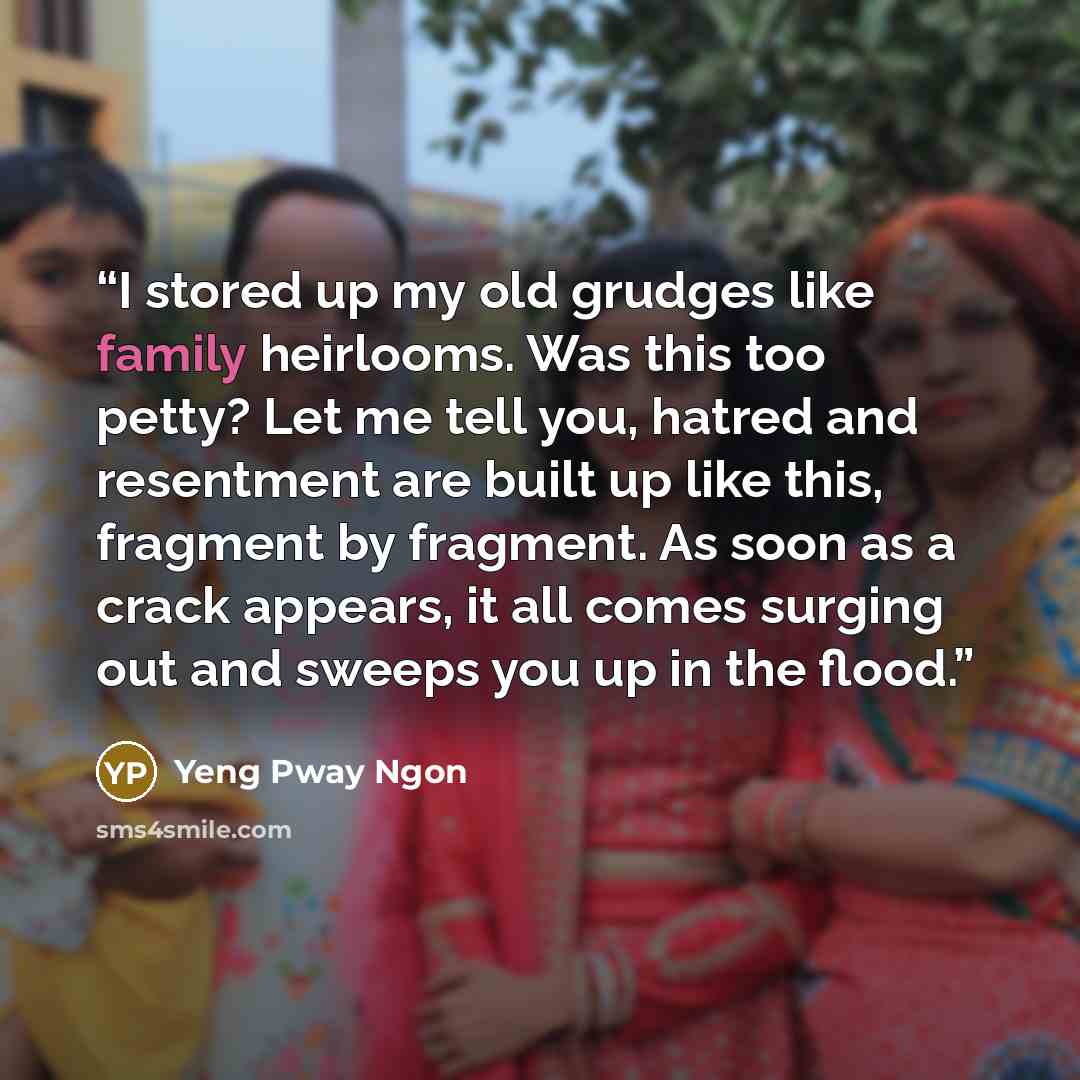 “I stored up my old grudges like family heirlooms. Was this too petty? Let me tell you, hatred and resentment are built up like this, fragment by fragment. As soon as a crack appears, it all comes surging out and sweeps you up in the flood.” quote by Yeng Pway Ngon