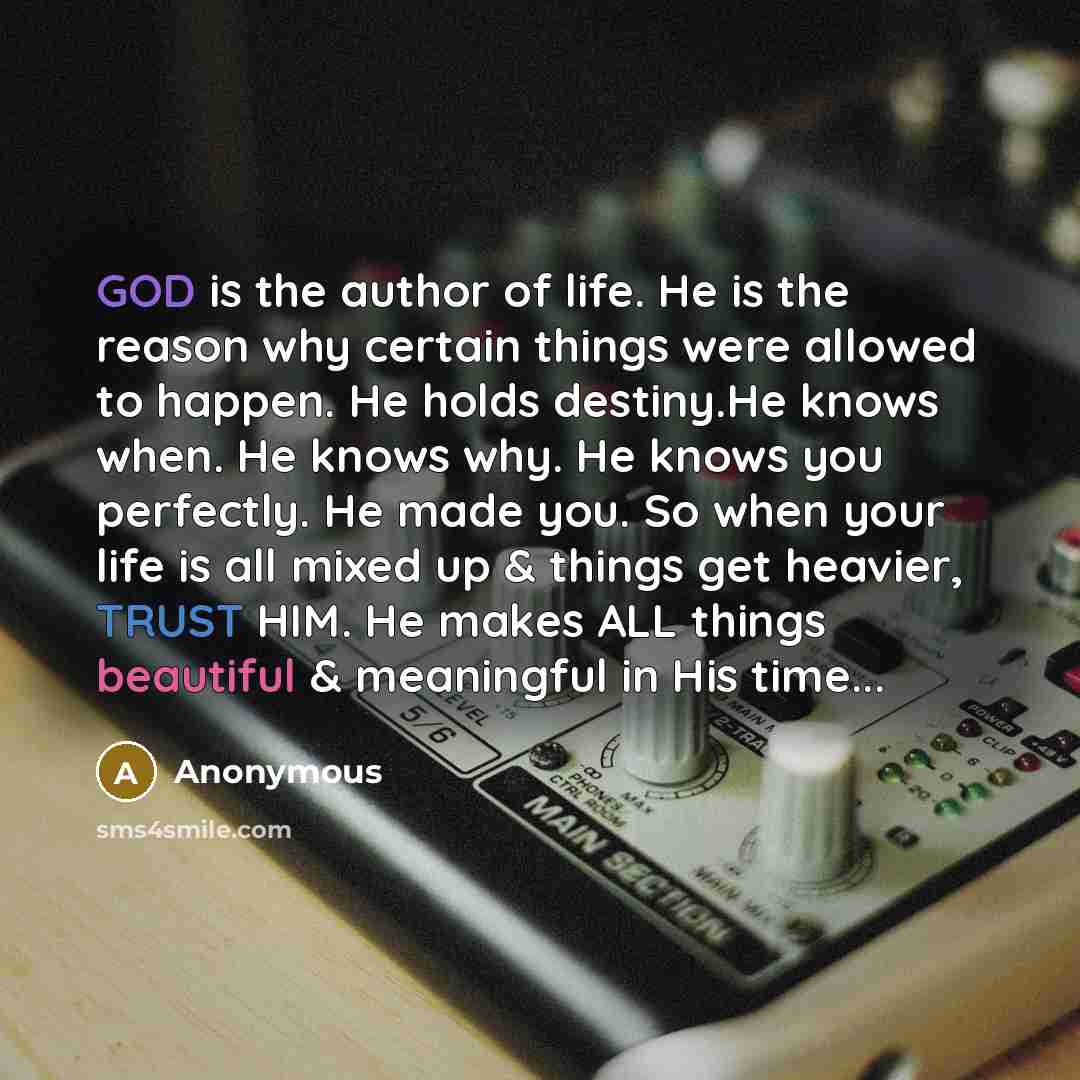 “GOD is the author of life. He is the reason why certain things were allowed to happen. He holds destiny.He knows when. He knows why. He knows you perfectly. He made you. So when your life is all mixed up & things get heavier, TRUST HIM. He makes ALL things beautiful & meaningful in His time...” quote by Anonymous