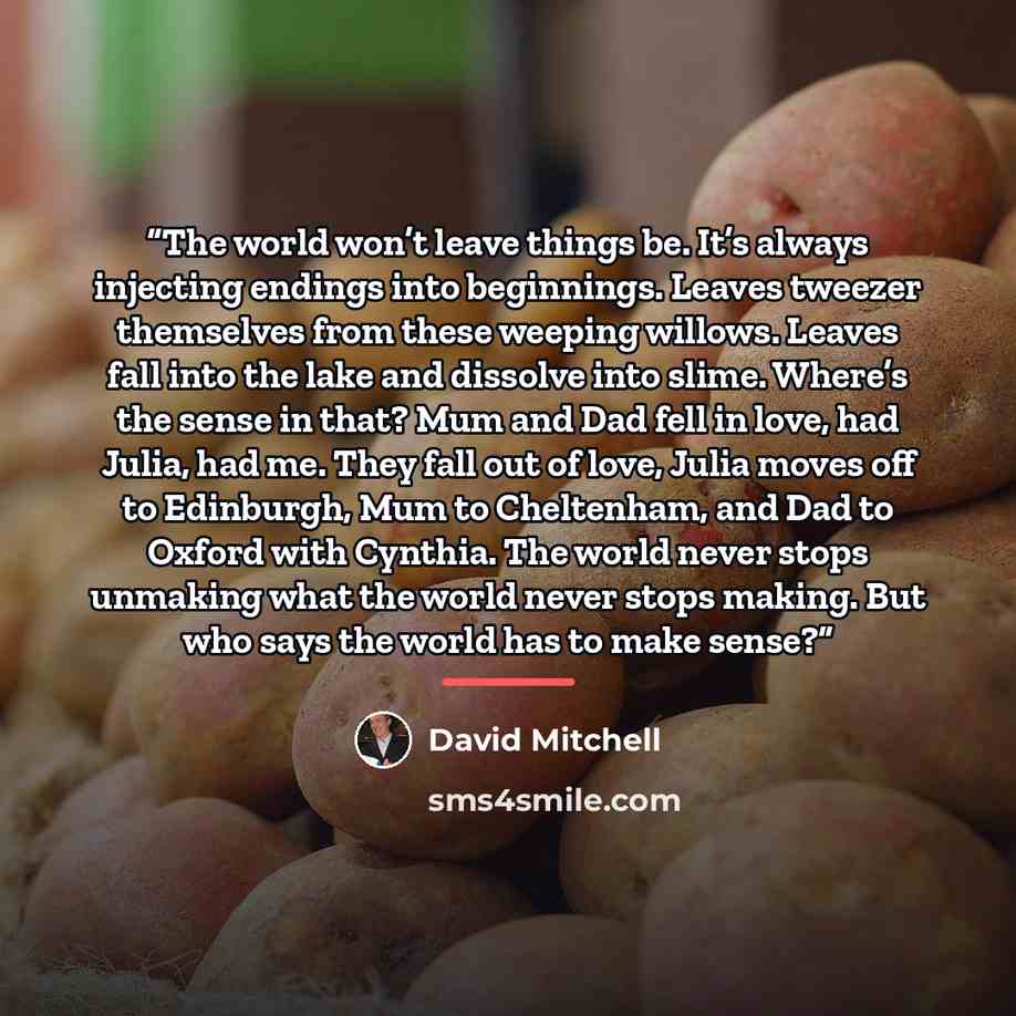 “The world won’t leave things be. It’s always injecting endings into beginnings. Leaves tweezer themselves from these weeping willows. Leaves fall into the lake and dissolve into slime. Where’s the sense in that? Mum and Dad fell in love, had Julia, had me. They fall out of love, Julia moves off to…” quote by David Mitchell