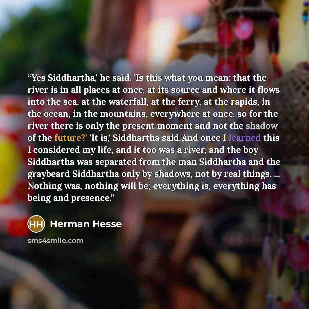 “Yes Siddhartha,' he said. 'Is this what you mean: that the river is in all places at once, at its source and where it flows into the sea, at the waterfall, at the ferry, at the rapids, in the ocean, in the mountains, everywhere at once, so for the river there is only the present moment and not the…” quote by Herman Hesse