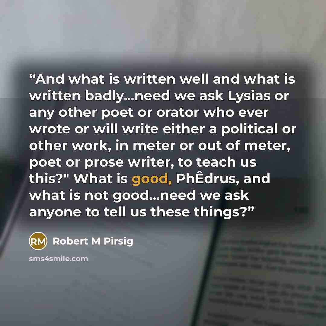 “And what is written well and what is written badly...need we ask Lysias or any other poet or orator who ever wrote or will write either a political or other work, in meter or out of meter, poet or prose writer, to teach us this?" What is good, PhÊdrus, and what is not good...need we ask anyone to…” quote by Robert M Pirsig