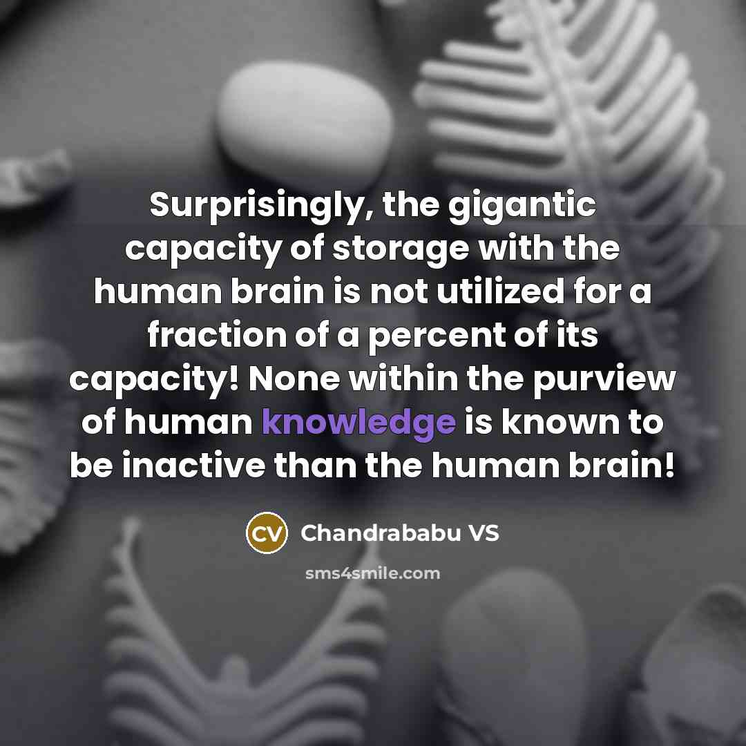 “Surprisingly, the gigantic capacity of storage with the human brain is not utilized for a fraction of a percent of its capacity! None within the purview of human knowledge is known to be inactive than the human brain!” quote by Chandrababu VS