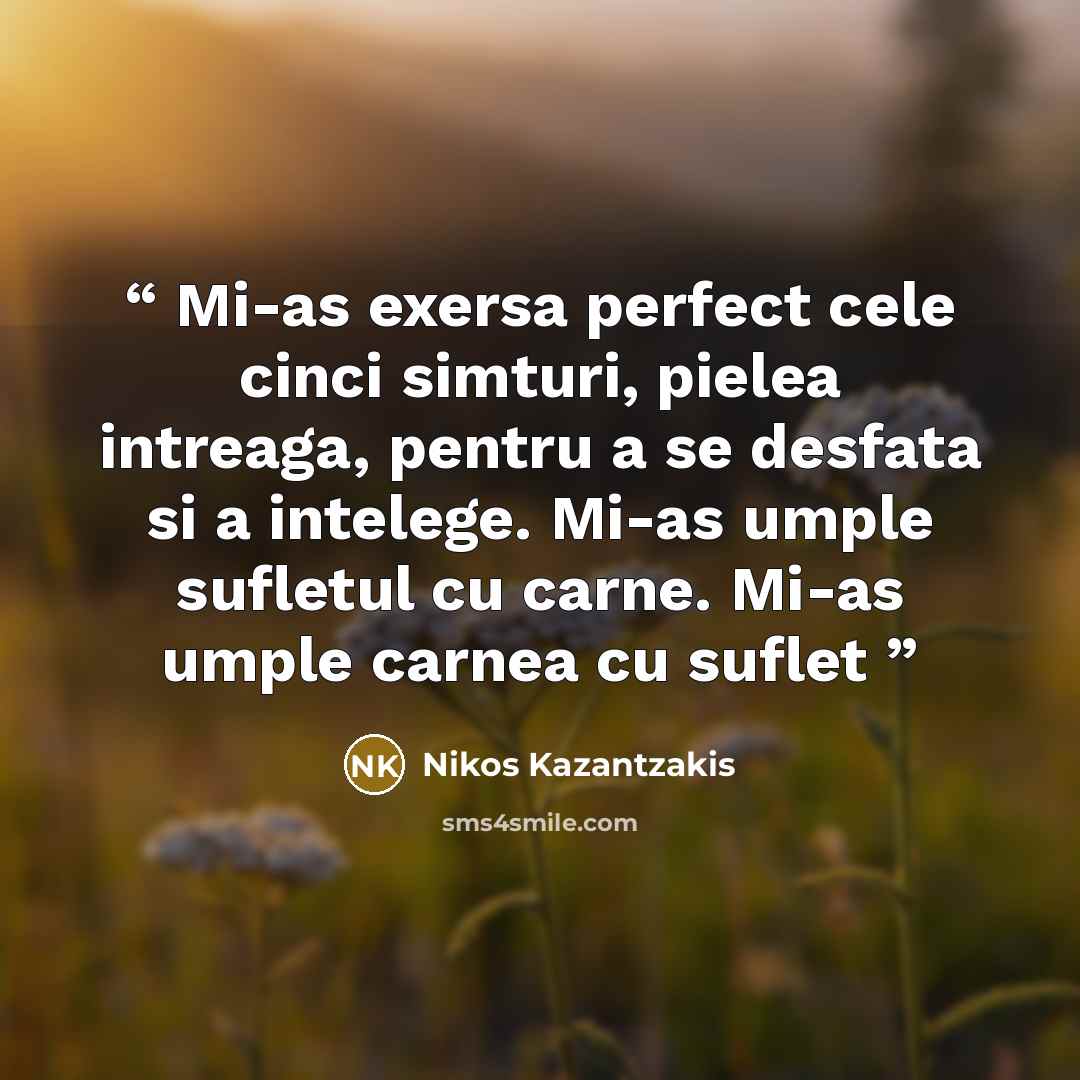 “Mi-as exersa perfect cele cinci simturi, pielea intreaga, pentru a se desfata si a intelege. Mi-as umple sufletul cu carne. Mi-as umple carnea cu suflet” quote by Nikos Kazantzakis