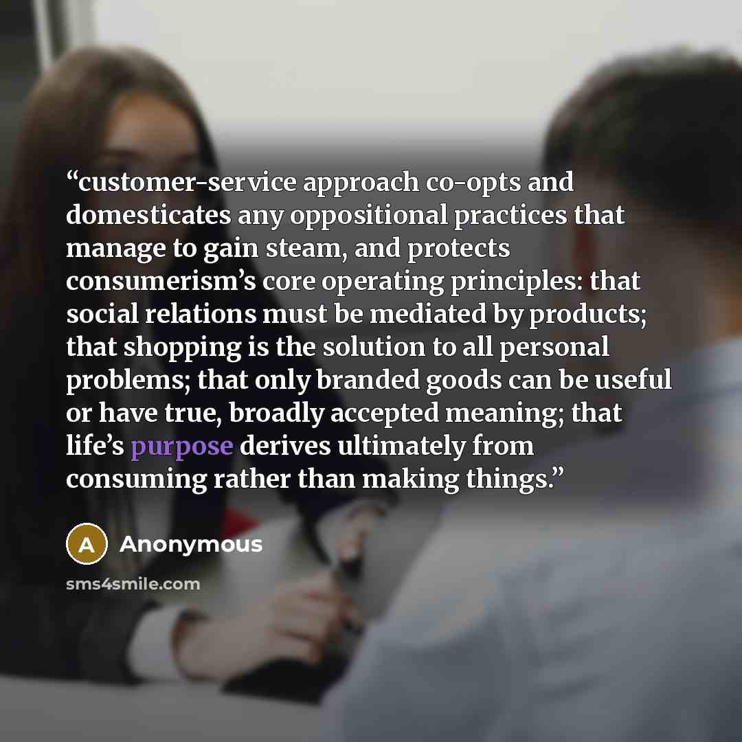 “customer-service approach co-opts and domesticates any oppositional practices that manage to gain steam, and protects consumerism’s core operating principles: that social relations must be mediated by products; that shopping is the solution to all personal problems; that only branded goods can be…” quote by Anonymous