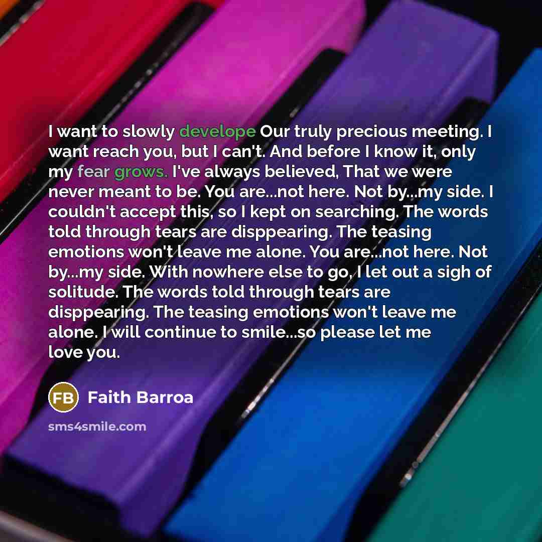“I want to slowly develope Our truly precious meeting. I want reach you, but I can't. And before I know it, only my fear grows. I've always believed, That we were never meant to be. You are...not here. Not by...my side. I couldn't accept this, so I kept on searching. The words told through tears…” quote by Faith Barroa