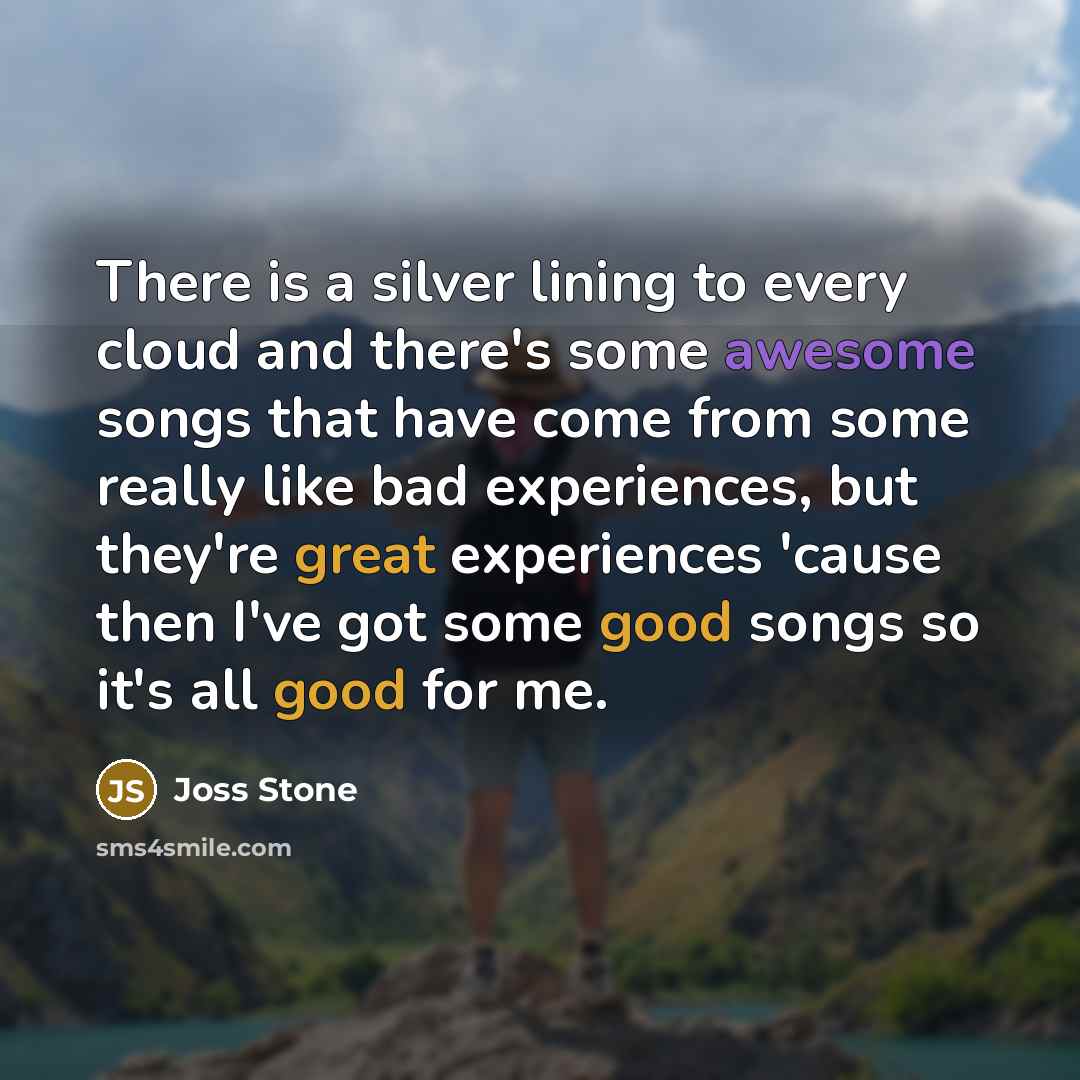 “There is a silver lining to every cloud and there's some awesome songs that have come from some really like bad experiences, but they're great experiences 'cause then I've got some good songs so it's all good for me.” quote by Joss Stone