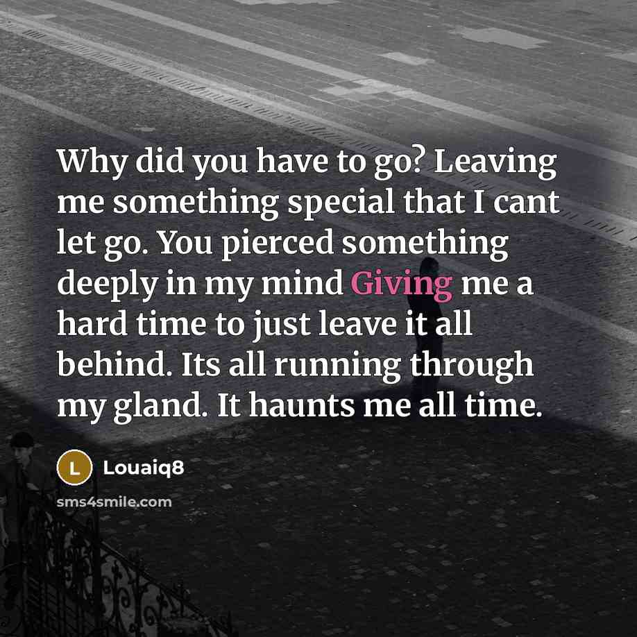 “Why did you have to go? Leaving me something special that I cant let go. You pierced something deeply in my mind Giving me a hard time to just leave it all behind. Its all running through my gland. It haunts me all time.” quote by Louaiq8