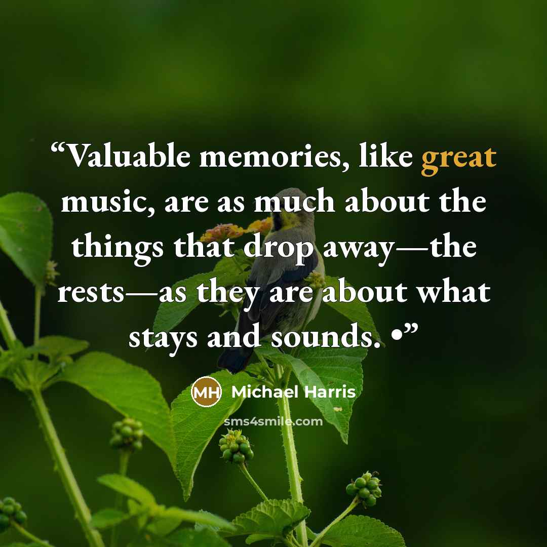 “Valuable memories, like great music, are as much about the things that drop away—the rests—as they are about what stays and sounds. •” quote by Michael Harris