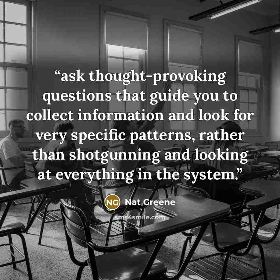 “ask thought-provoking questions that guide you to collect information and look for very specific patterns, rather than shotgunning and looking at everything in the system.” quote by Nat Greene