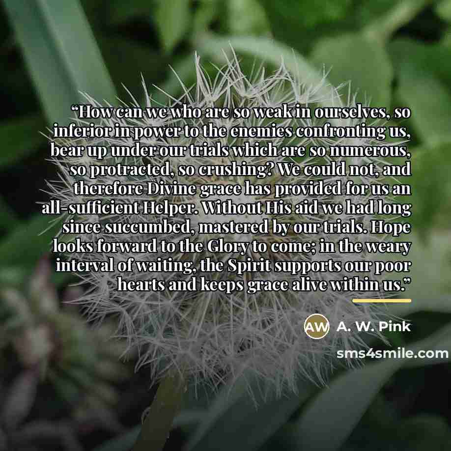 “How can we who are so weak in ourselves, so inferior in power to the enemies confronting us, bear up under our trials which are so numerous, so protracted, so crushing? We could not, and therefore Divine grace has provided for us an all-sufficient Helper. Without His aid we had long since…” quote by A. W. Pink