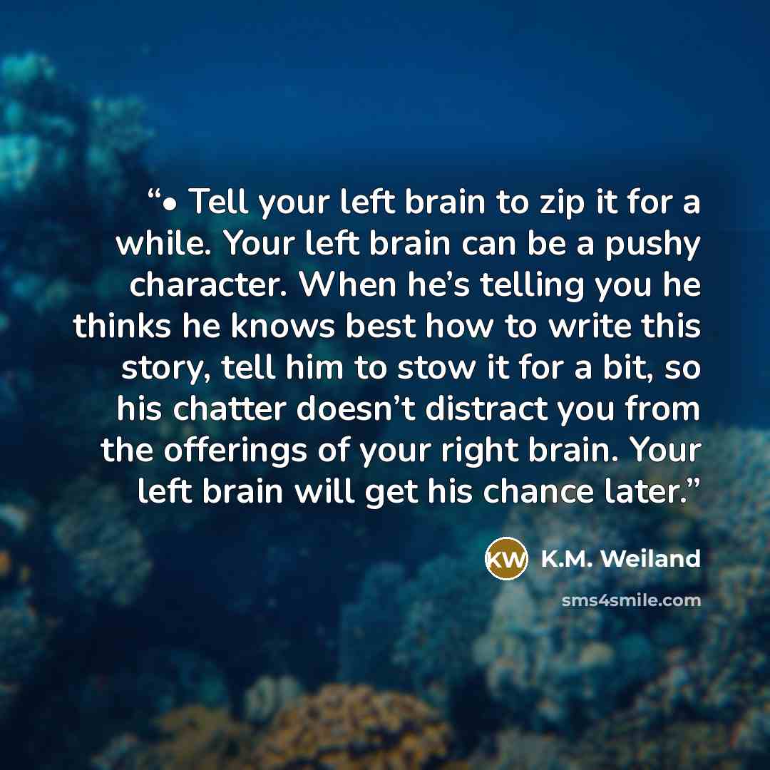 “• Tell your left brain to zip it for a while. Your left brain can be a pushy character. When he’s telling you he thinks he knows best how to write this story, tell him to stow it for a bit, so his chatter doesn’t distract you from the offerings of your right brain. Your left brain will get his…” quote by K.M. Weiland