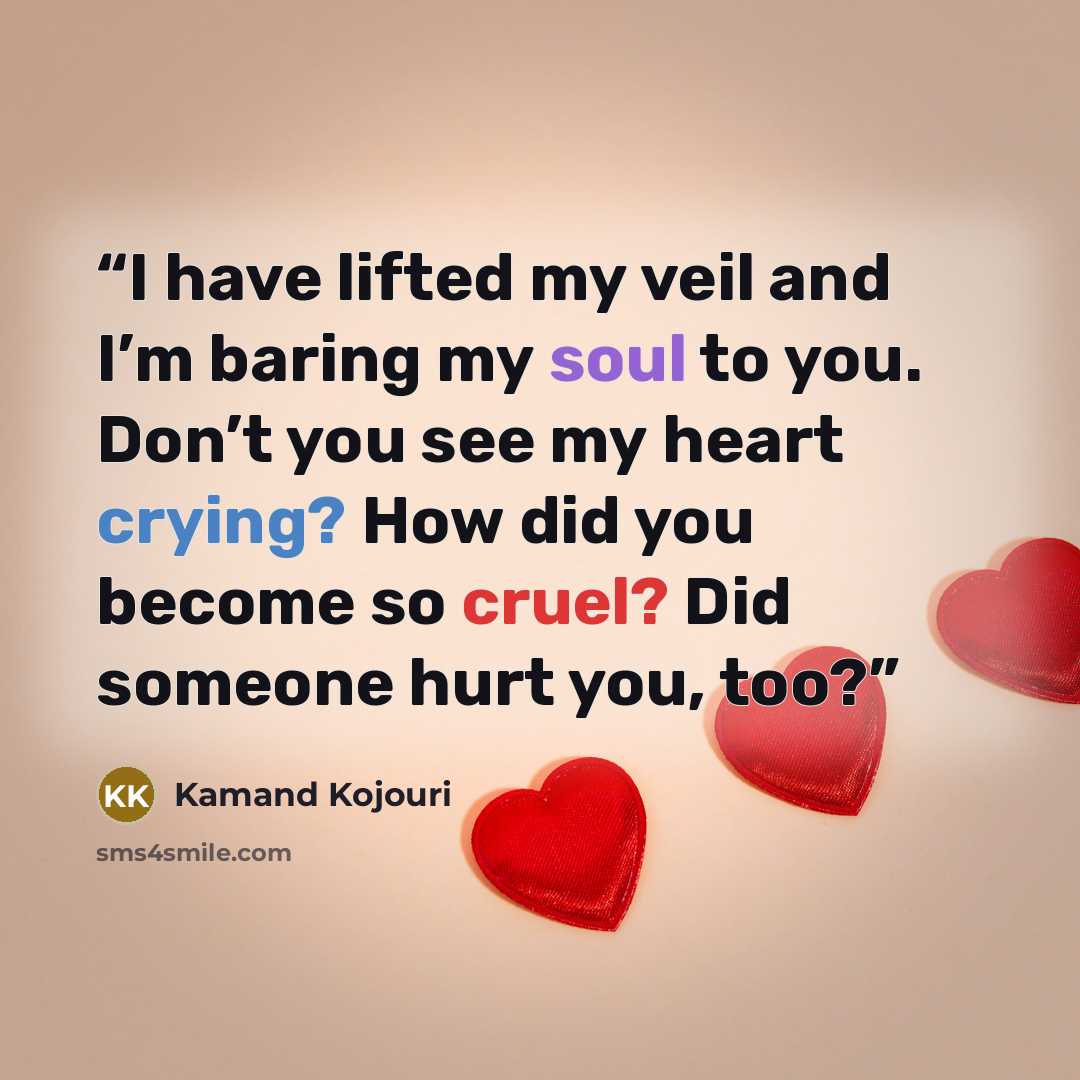“I have lifted my veil and I’m baring my soul to you. Don’t you see my heart crying? How did you become so cruel? Did someone hurt you, too?” quote by Kamand Kojouri
