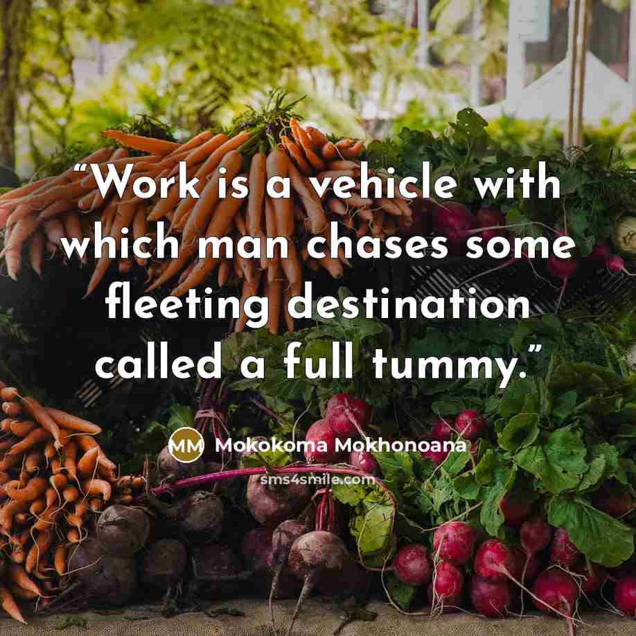 “Work is a vehicle with which man chases some fleeting destination called a full tummy.” quote by Mokokoma Mokhonoana