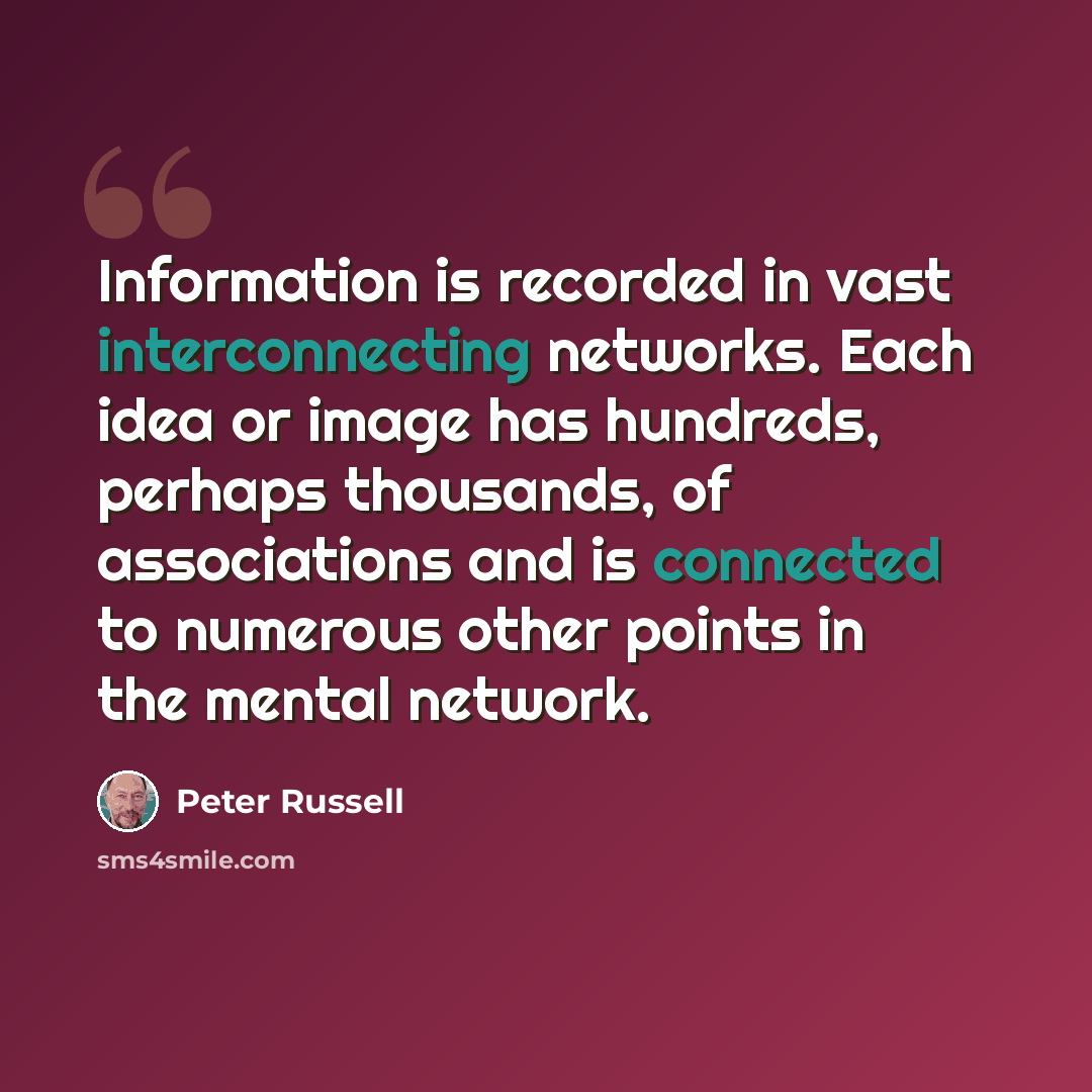 “Information is recorded in vast interconnecting networks. Each idea or image has hundreds, perhaps thousands, of associations and is connected to numerous other points in the mental network.” quote by Peter Russell