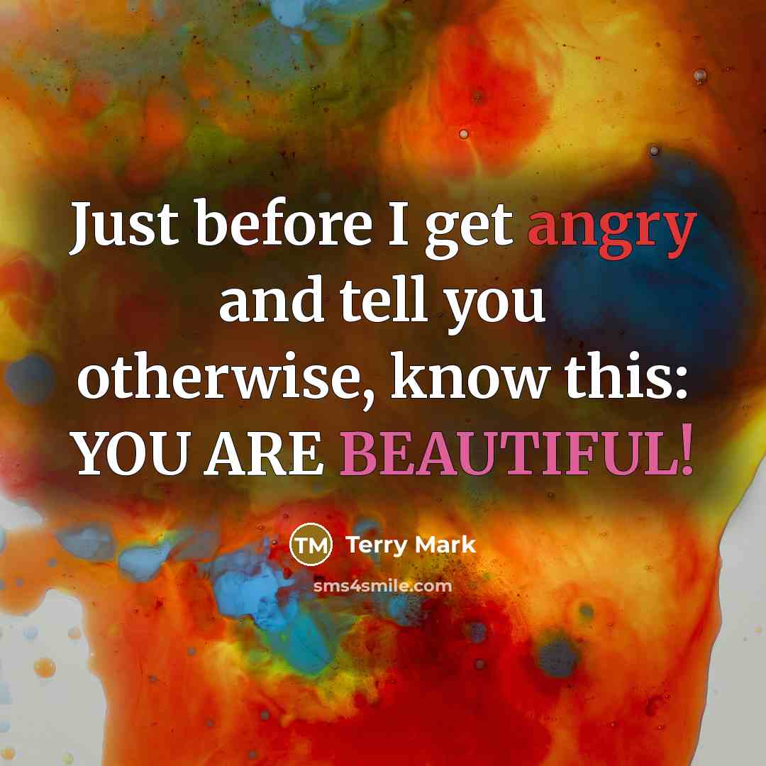 “Just before I get angry and tell you otherwise, know this: YOU ARE BEAUTIFUL!” quote by Terry Mark
