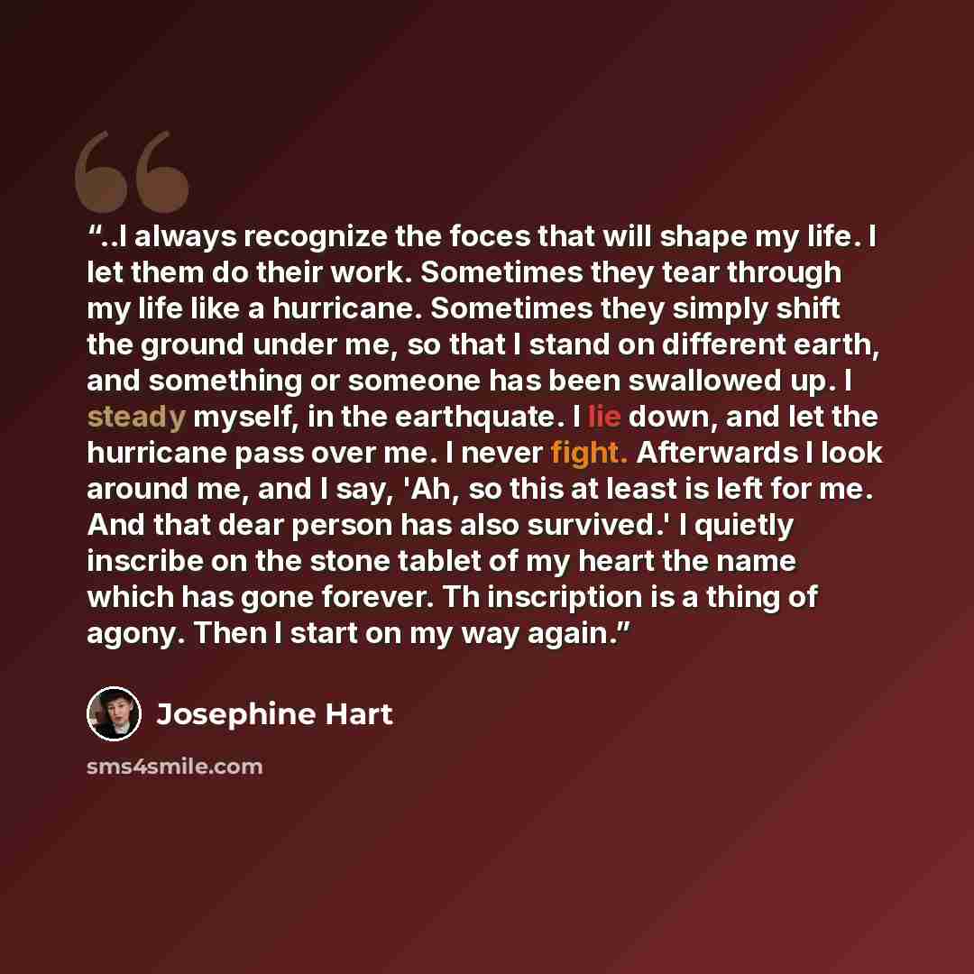 “..I always recognize the foces that will shape my life. I let them do their work. Sometimes they tear through my life like a hurricane. Sometimes they simply shift the ground under me, so that I stand on different earth, and something or someone has been swallowed up. I steady myself, in the…” quote by Josephine Hart