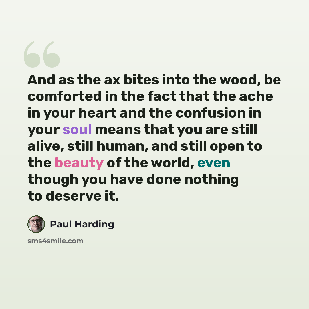 “And as the ax bites into the wood, be comforted in the fact that the ache in your heart and the confusion in your soul means that you are still alive, still human, and still open to the beauty of the world, even though you have done nothing to deserve it.” quote by Paul Harding