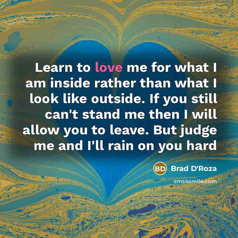 “Learn to love me for what I am inside rather than what I look like outside. If you still can't stand me then I will allow you to leave. But judge me and I'll rain on you hard” quote by Brad D'Roza