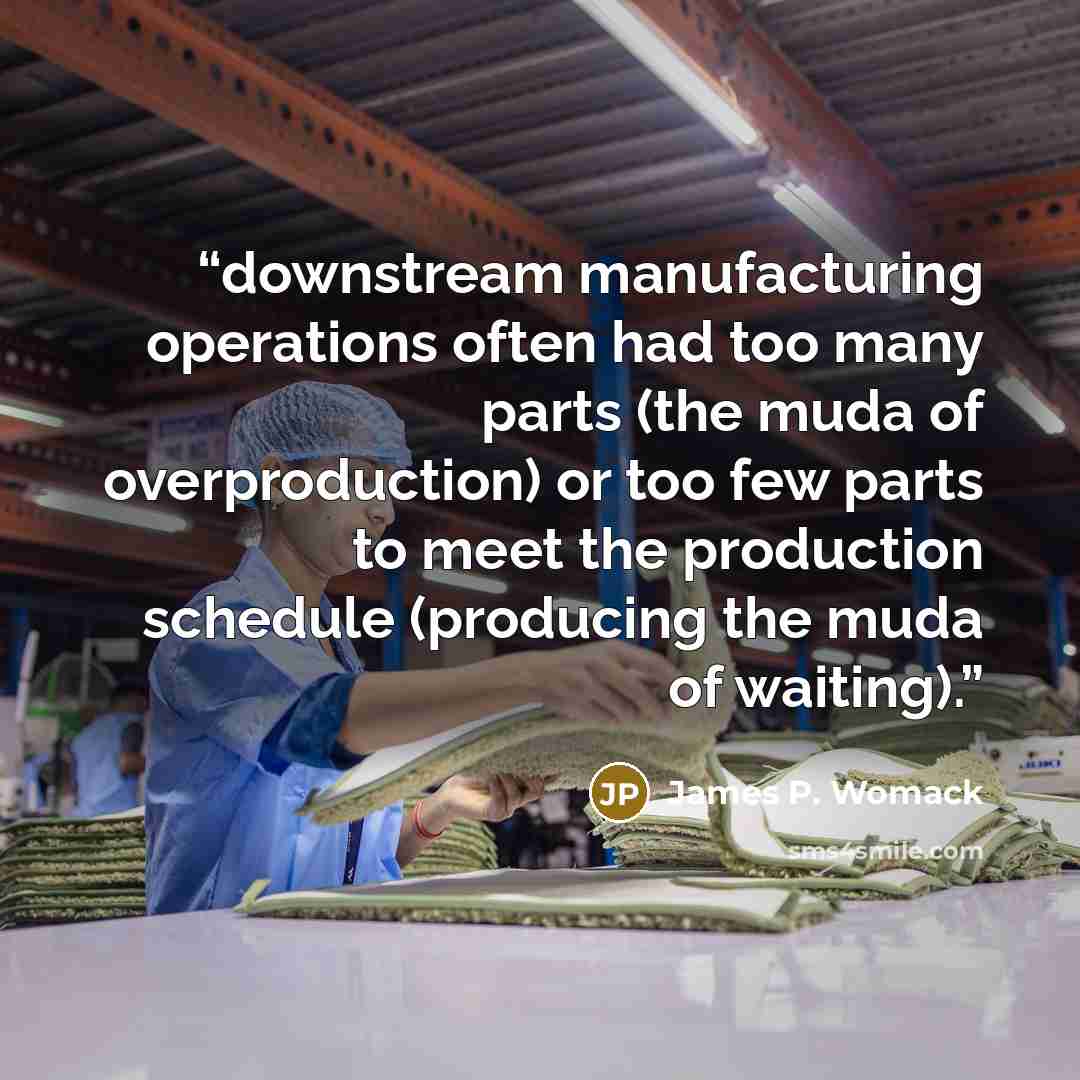“downstream manufacturing operations often had too many parts (the muda of overproduction) or too few parts to meet the production schedule (producing the muda of waiting).” quote by James P. Womack