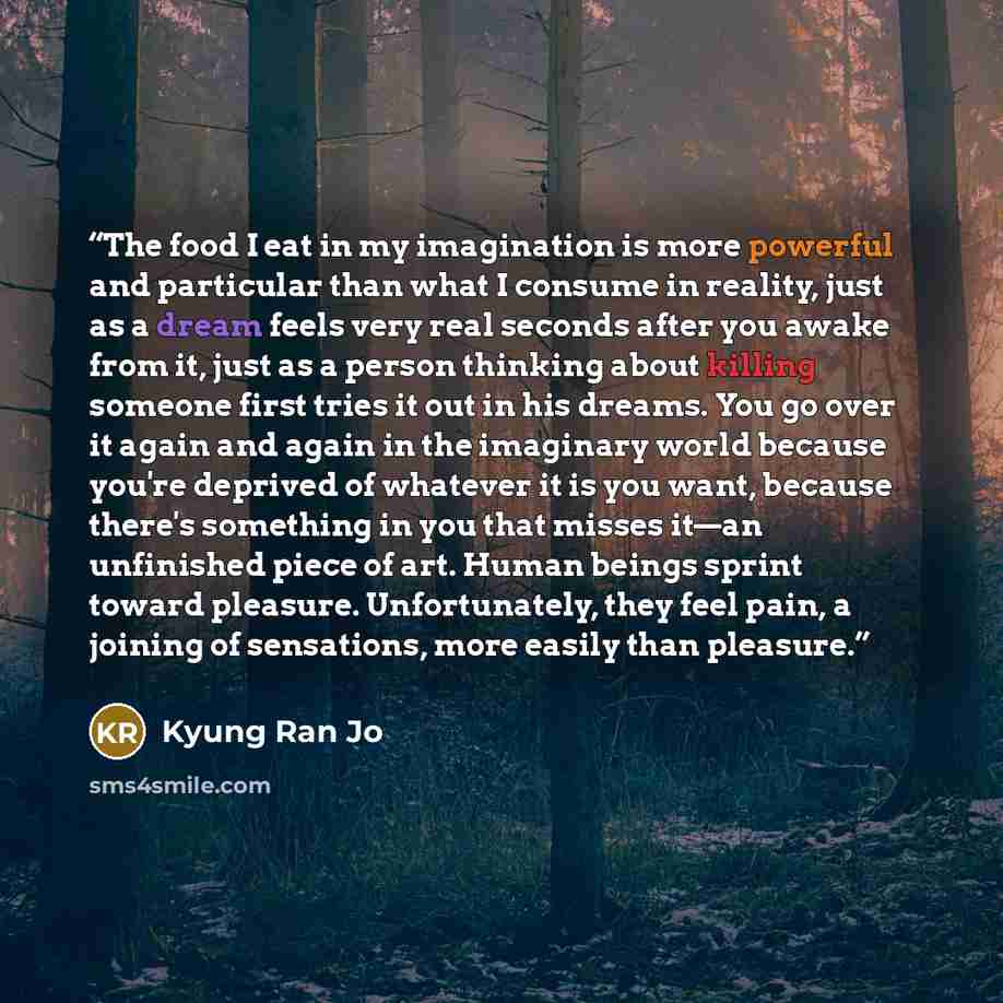“The food I eat in my imagination is more powerful and particular than what I consume in reality, just as a dream feels very real seconds after you awake from it, just as a person thinking about killing someone first tries it out in his dreams. You go over it again and again in the imaginary world…” quote by Kyung Ran Jo